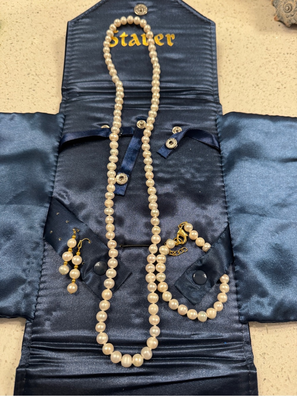 Stauer Cream Pearl Necklace with Matching Bracelet & Drop Earrings